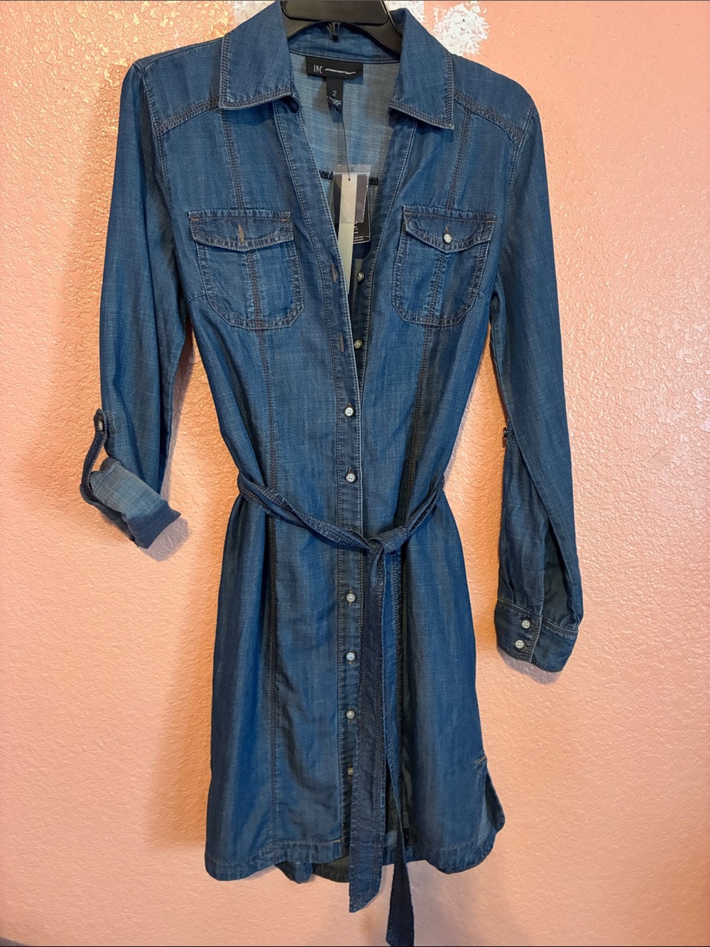 INC International Concepts Dark Blue Denim Shirt Dress with Tie Belt